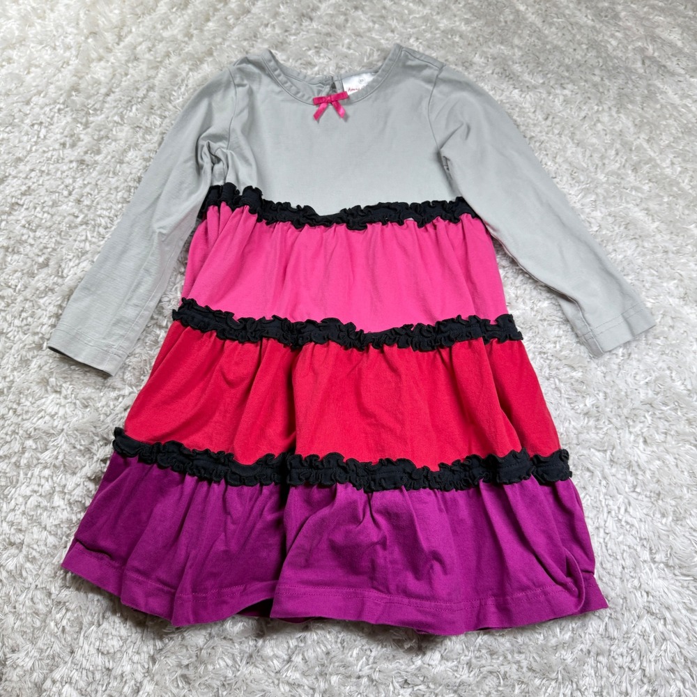 Hanna Andersson Girls Dress Size 4 100 Gray Pink Purple Tiered Ruffle Cotton
